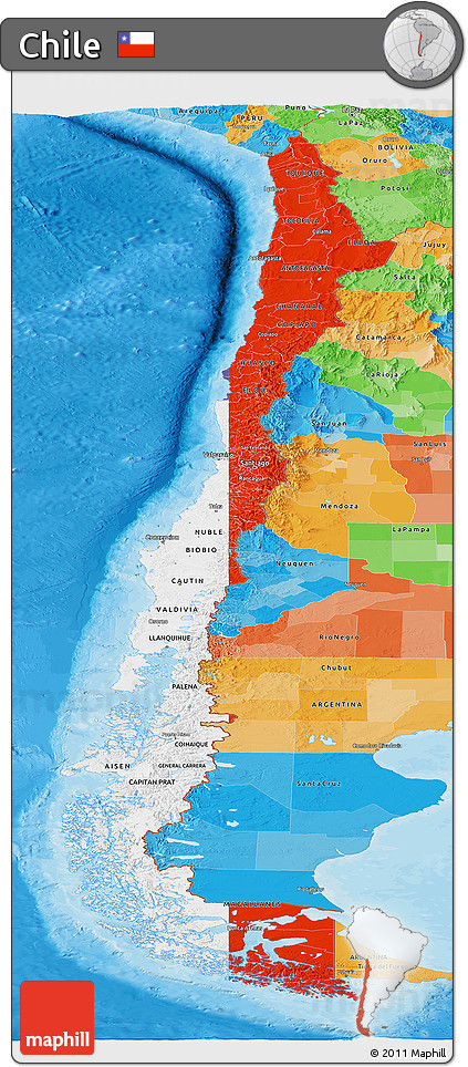 Flag Panoramic Map of Chile, political outside, flag rotated