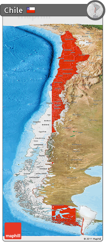 Flag Panoramic Map of Chile, satellite outside, bathymetry sea, flag rotated