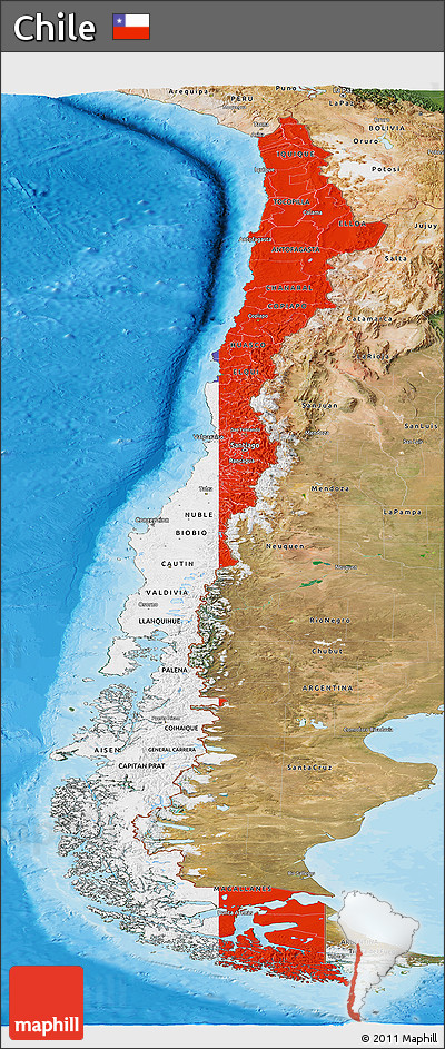 Flag Panoramic Map of Chile, satellite outside, bathymetry sea, flag rotated