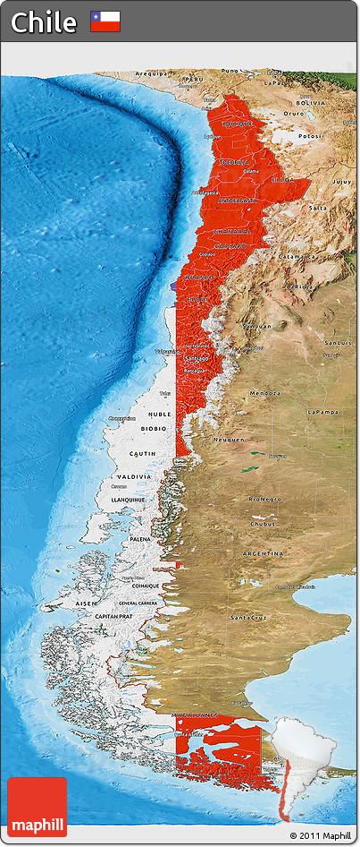 Flag Panoramic Map of Chile, satellite outside, bathymetry sea, flag rotated