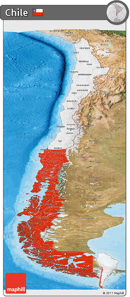Flag Panoramic Map of Chile, satellite outside, bathymetry sea