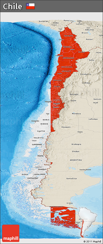 Flag Panoramic Map of Chile, shaded relief outside, bathymetry sea, flag rotated