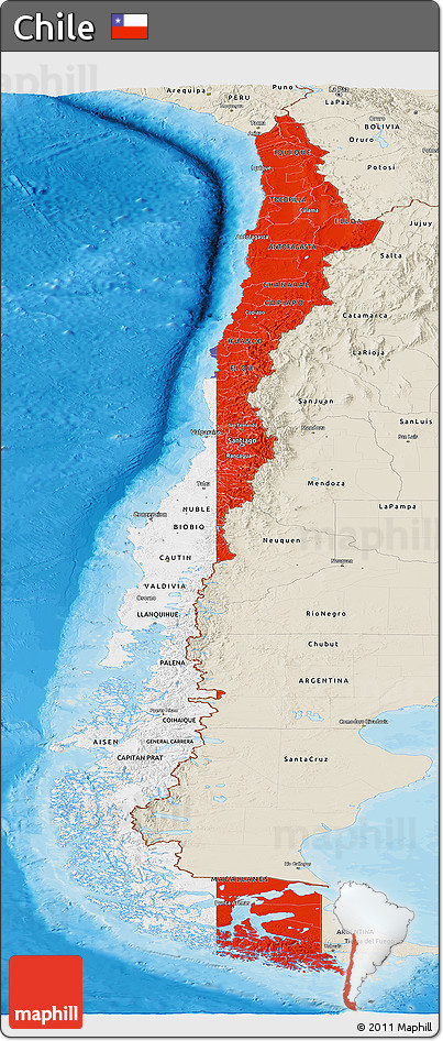 Flag Panoramic Map of Chile, shaded relief outside, bathymetry sea, flag rotated