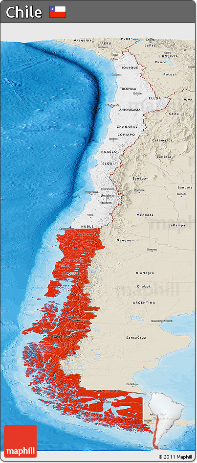 Flag Panoramic Map of Chile, shaded relief outside, bathymetry sea