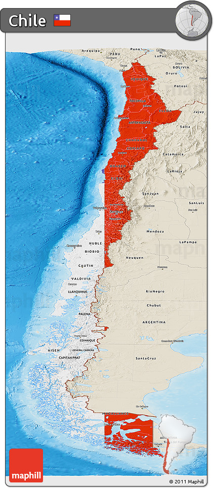 Flag Panoramic Map of Chile, shaded relief outside, flag aligned to the middle