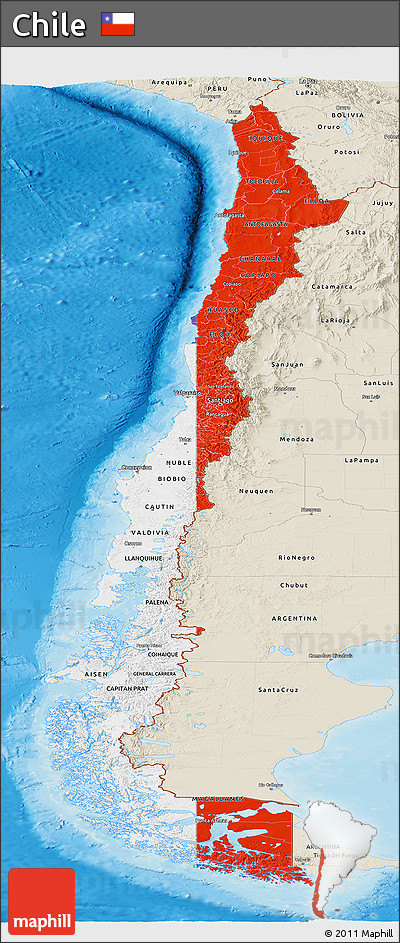 Flag Panoramic Map of Chile, shaded relief outside, flag aligned to the middle