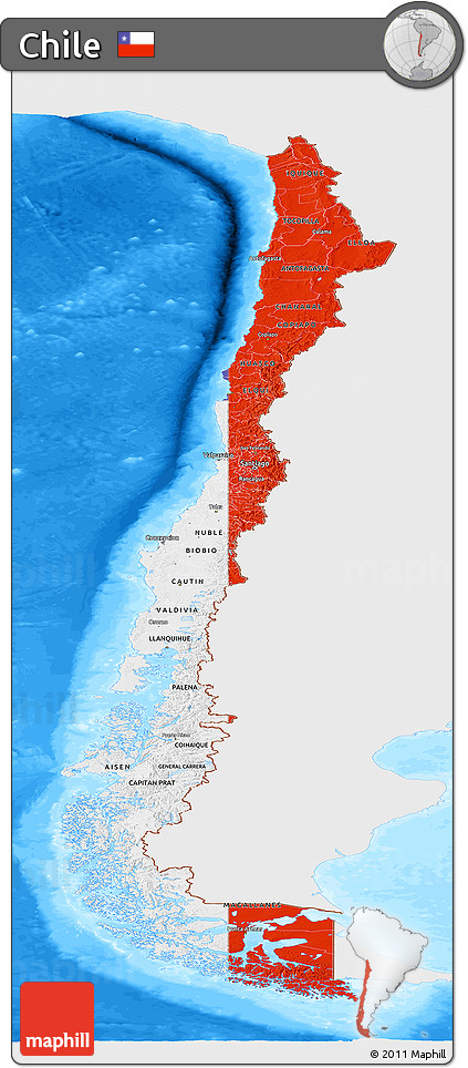 Flag Panoramic Map of Chile, single color outside, bathymetry sea, flag aligned to the middle