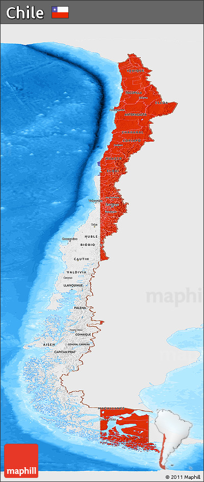 Flag Panoramic Map of Chile, single color outside, bathymetry sea, flag aligned to the middle