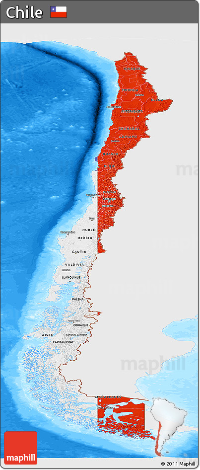 Flag Panoramic Map of Chile, single color outside, bathymetry sea, flag aligned to the middle