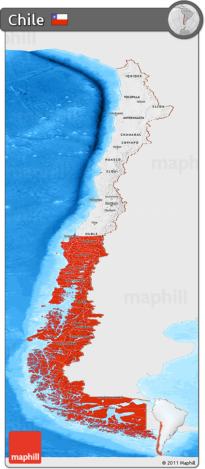 Flag Panoramic Map of Chile, single color outside, bathymetry sea