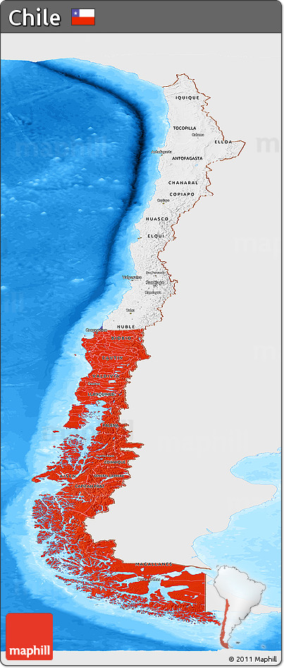 Flag Panoramic Map of Chile, single color outside, bathymetry sea