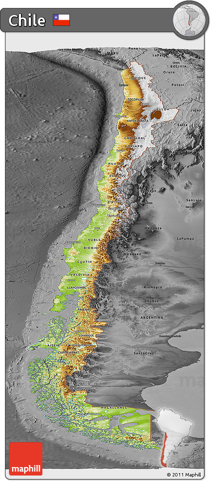 Physical Panoramic Map of Chile, darken, desaturated