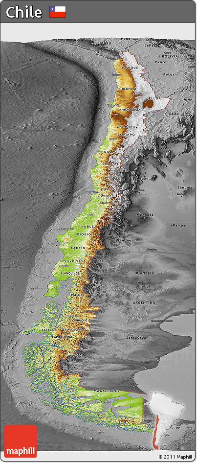 Physical Panoramic Map of Chile, darken, desaturated