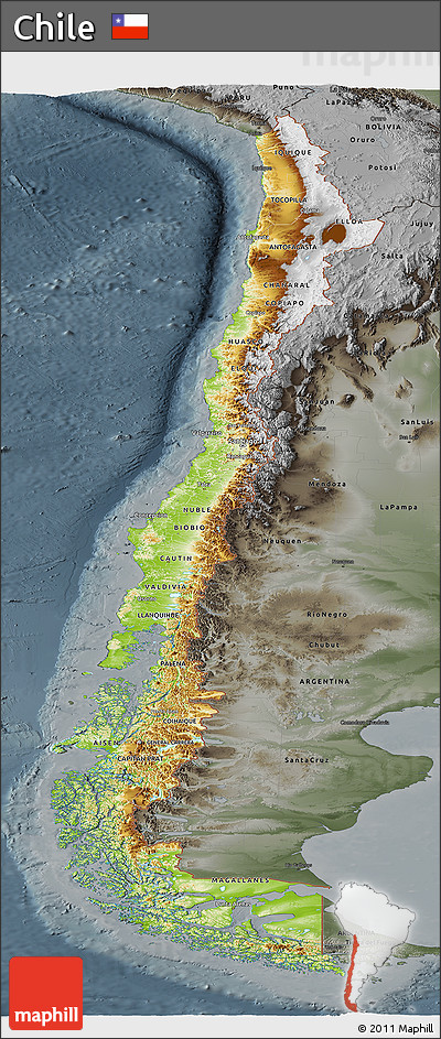 Physical Panoramic Map of Chile, darken, semi-desaturated