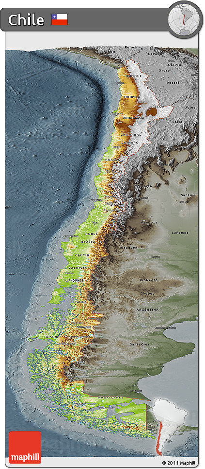 Physical Panoramic Map of Chile, darken, semi-desaturated