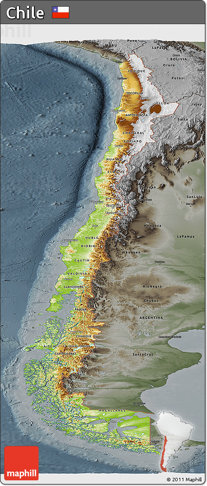 Physical Panoramic Map of Chile, darken, semi-desaturated