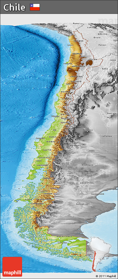 Physical Panoramic Map of Chile, desaturated, land only