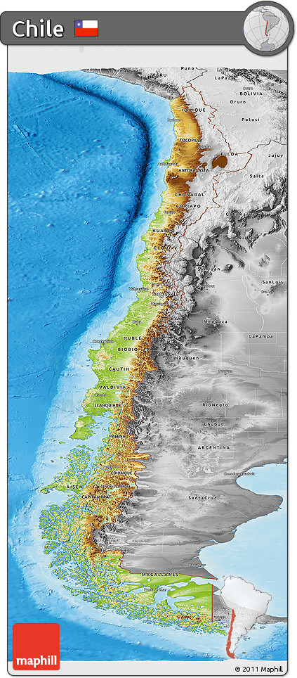Physical Panoramic Map of Chile, desaturated, land only