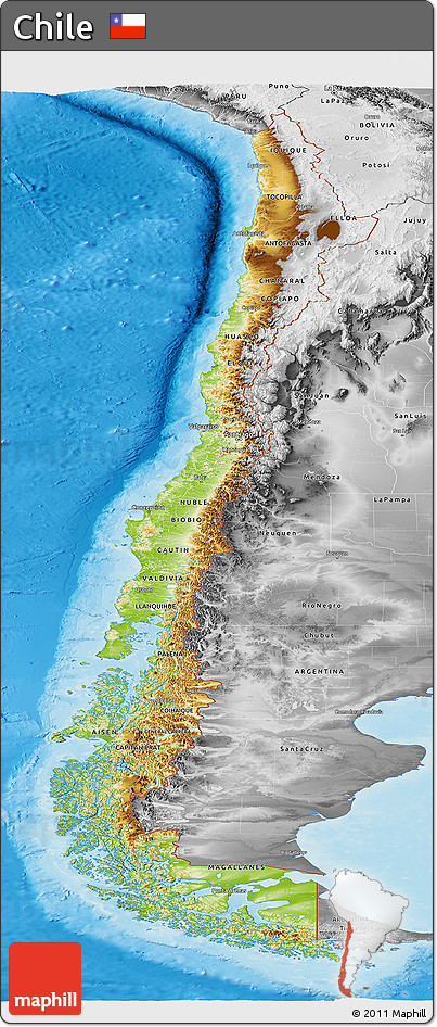 Physical Panoramic Map of Chile, desaturated, land only