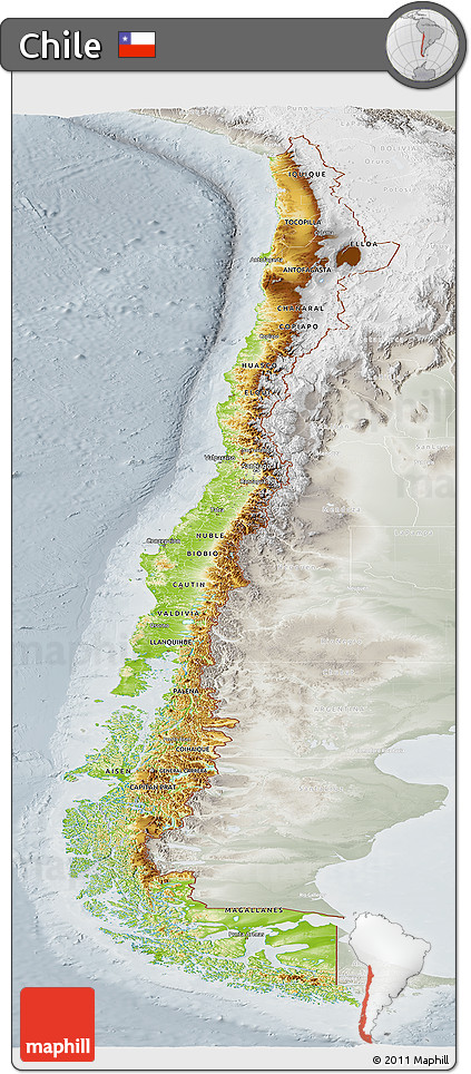 Physical Panoramic Map of Chile, lighten, semi-desaturated
