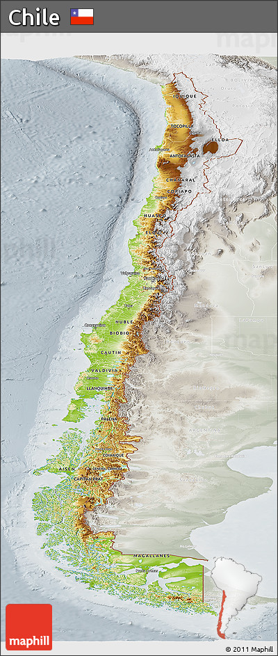 Physical Panoramic Map of Chile, lighten, semi-desaturated
