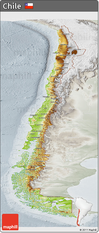 Physical Panoramic Map of Chile, lighten, semi-desaturated