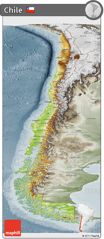 Physical Panoramic Map of Chile, semi-desaturated