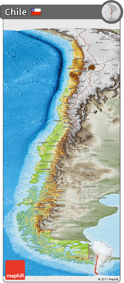 Physical Panoramic Map of Chile, semi-desaturated, land only