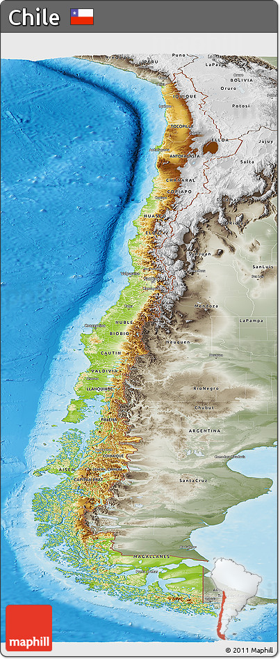 Physical Panoramic Map of Chile, semi-desaturated, land only