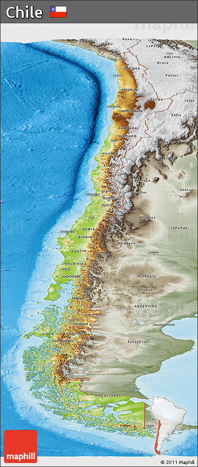 Physical Panoramic Map of Chile, semi-desaturated, land only