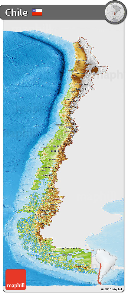 Physical Panoramic Map of Chile, single color outside