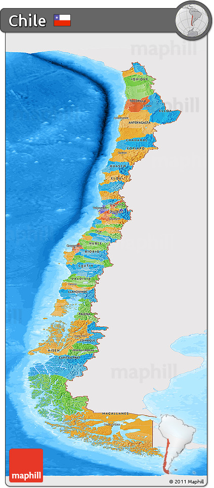 Political Panoramic Map of Chile, single color outside, bathymetry sea