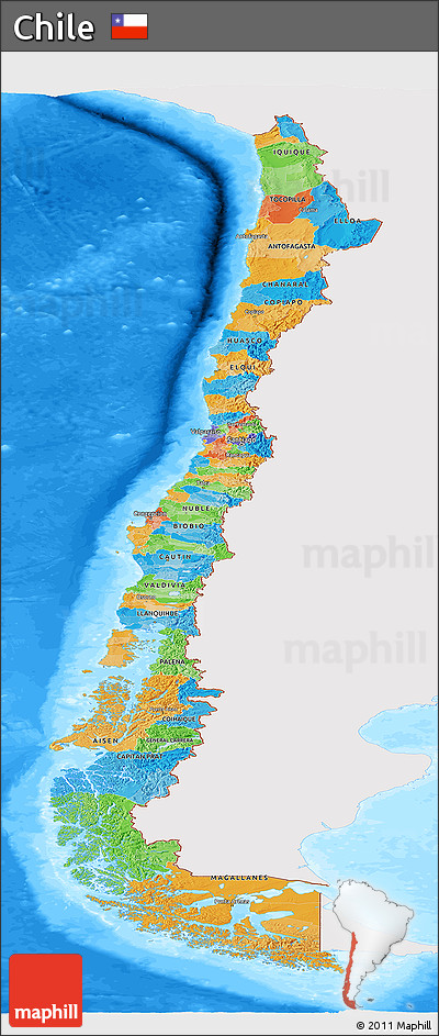 Political Panoramic Map of Chile, single color outside, bathymetry sea