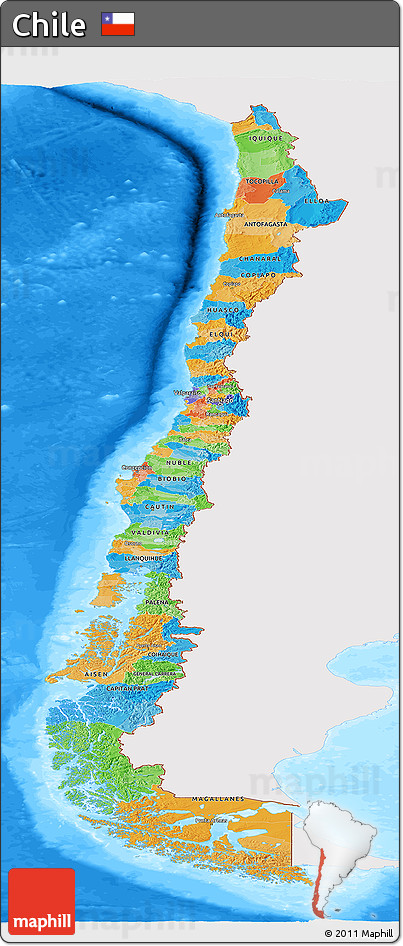 Political Panoramic Map of Chile, single color outside, bathymetry sea