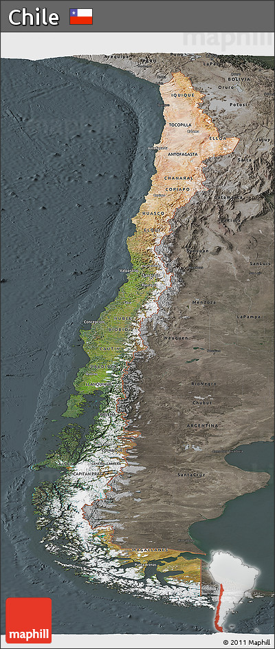 Satellite Panoramic Map of Chile, darken, semi-desaturated