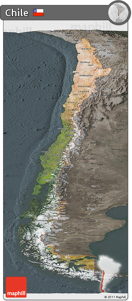 Satellite Panoramic Map of Chile, darken, semi-desaturated