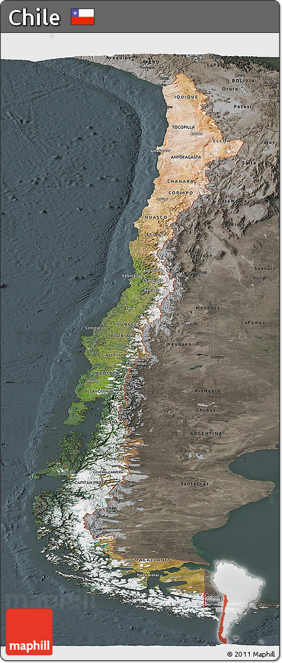 Satellite Panoramic Map of Chile, darken, semi-desaturated