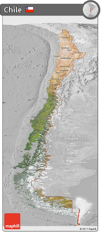 Satellite Panoramic Map of Chile, lighten, desaturated