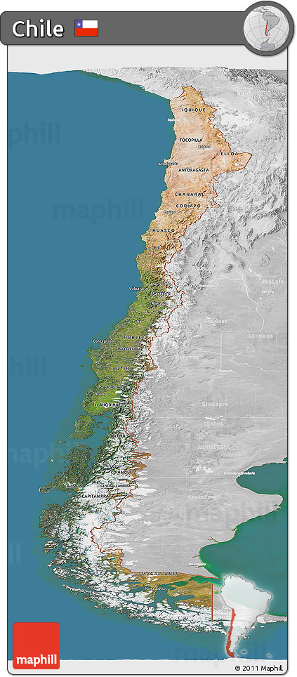 Satellite Panoramic Map of Chile, lighten, desaturated, land only