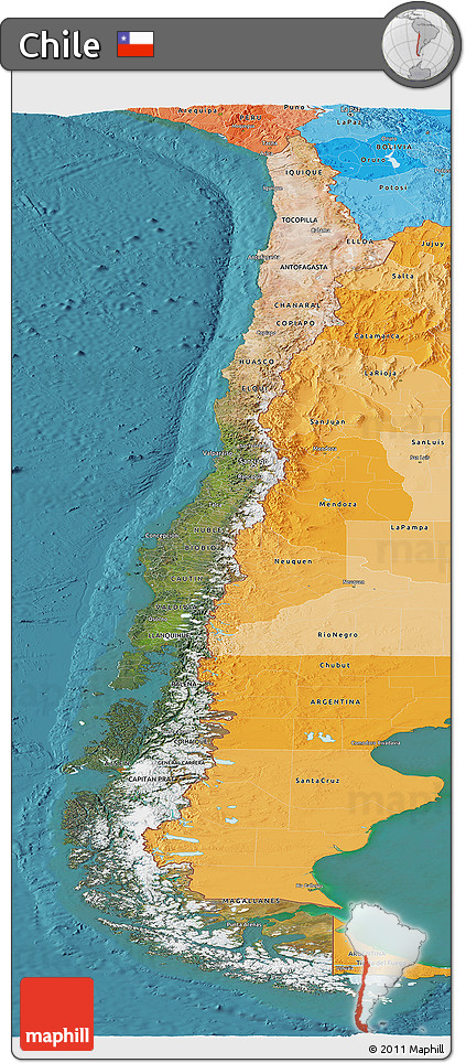 Satellite Panoramic Map of Chile, political shades outside, satellite sea