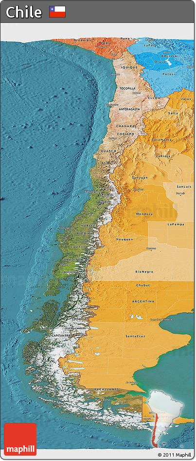 Satellite Panoramic Map of Chile, political shades outside, satellite sea