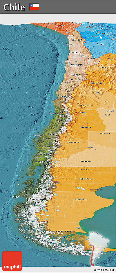 Satellite Panoramic Map of Chile, political shades outside, satellite sea