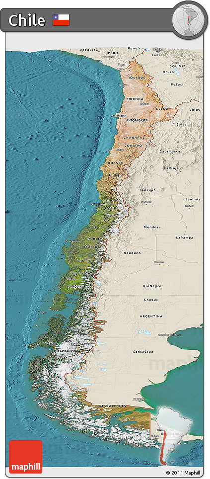 Satellite Panoramic Map of Chile, shaded relief outside, satellite sea