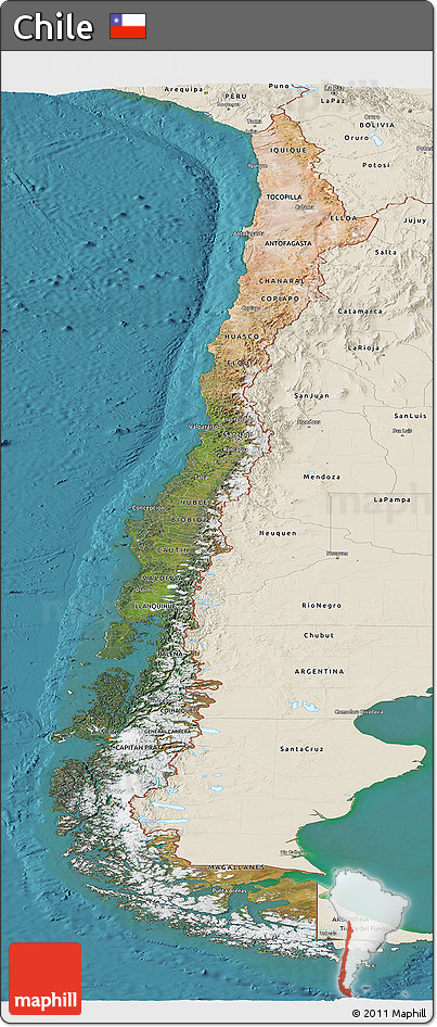Satellite Panoramic Map of Chile, shaded relief outside, satellite sea