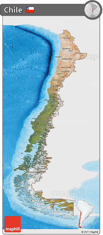 Satellite Panoramic Map of Chile, single color outside, bathymetry sea, shaded relief sea