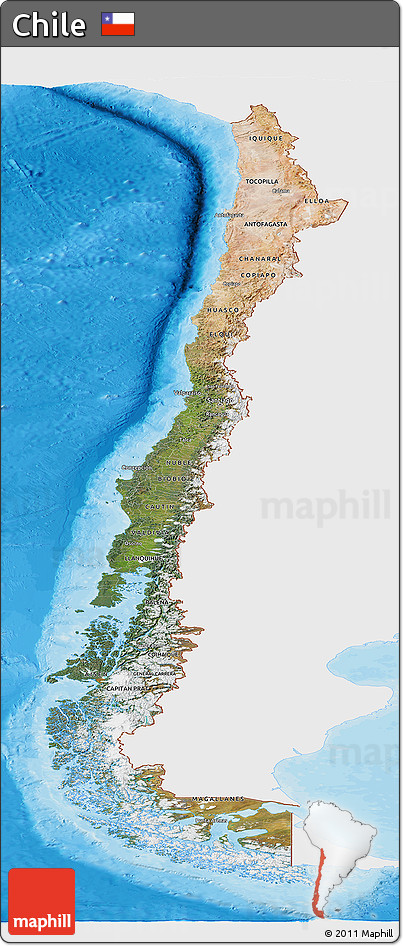Satellite Panoramic Map of Chile, single color outside, bathymetry sea, shaded relief sea