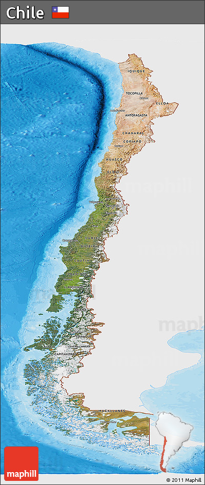 Satellite Panoramic Map of Chile, single color outside, bathymetry sea, shaded relief sea