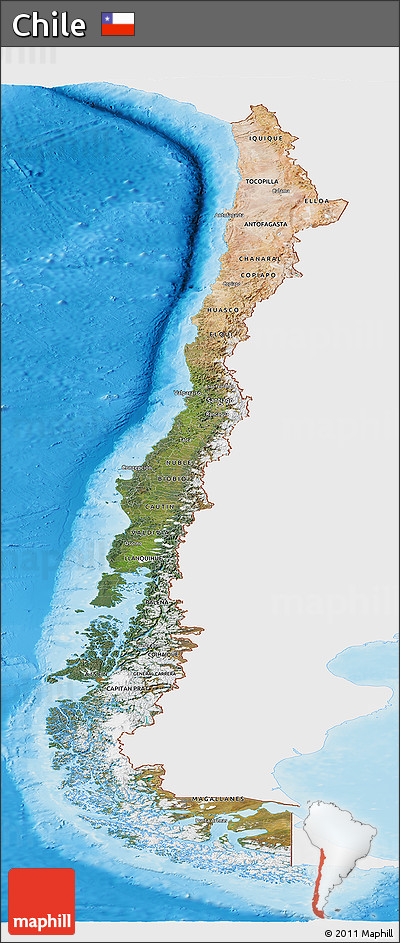 Satellite Panoramic Map of Chile, single color outside, shaded relief sea