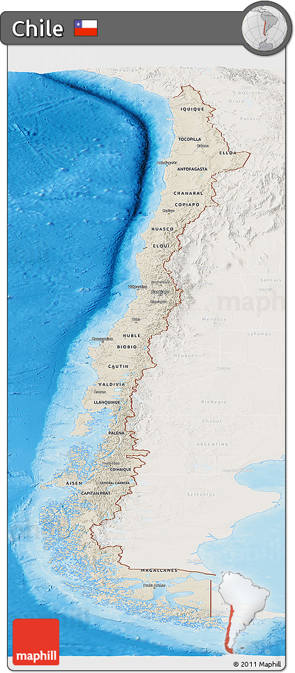 Shaded Relief Panoramic Map of Chile, lighten, land only