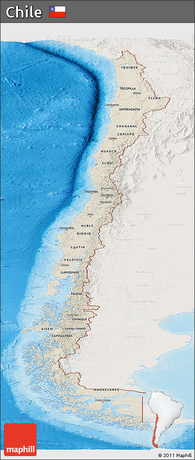Shaded Relief Panoramic Map of Chile, lighten, land only